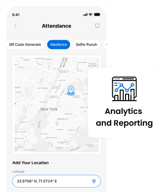 SattvaHR mobile app showing geofenced clock-in and location reporting