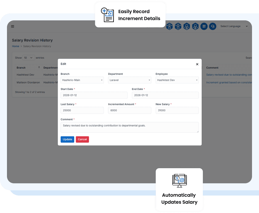 SattvaHR increment history showing previous and revised salary