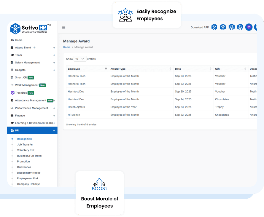 SattvaHR Manage Award screen listing employee recognitions