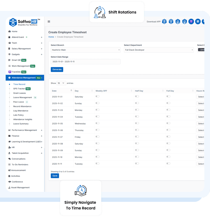 SattvaHR rota assigning shifts by branch, department and date range