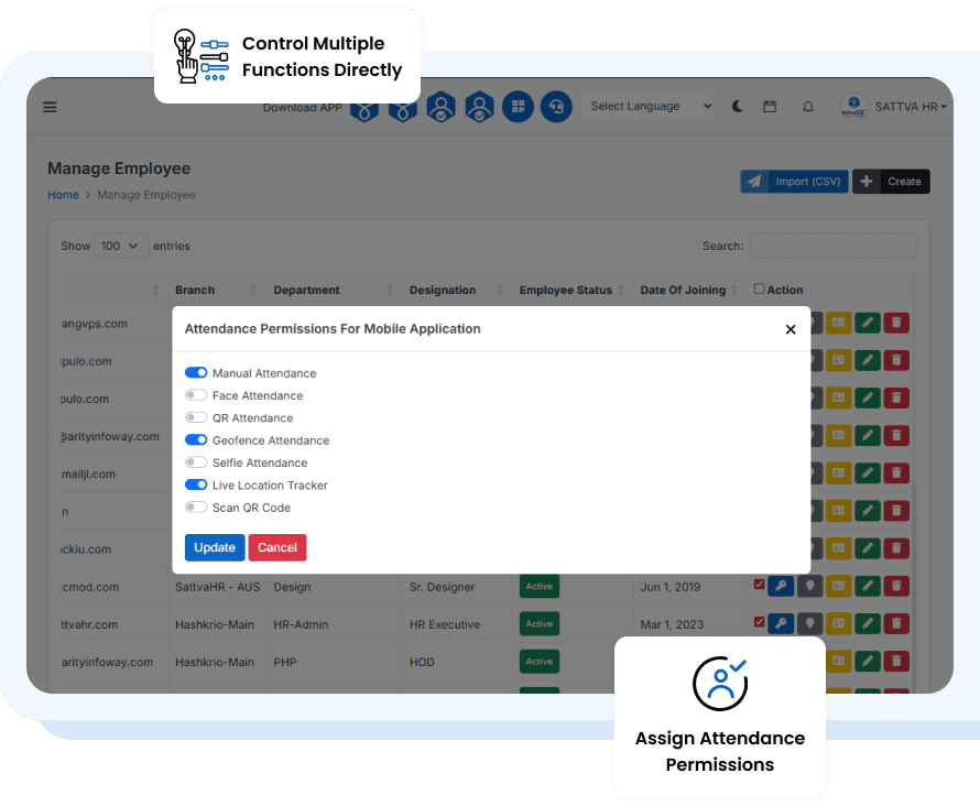 SattvaHR employee action menu with attendance and geo-fence controls