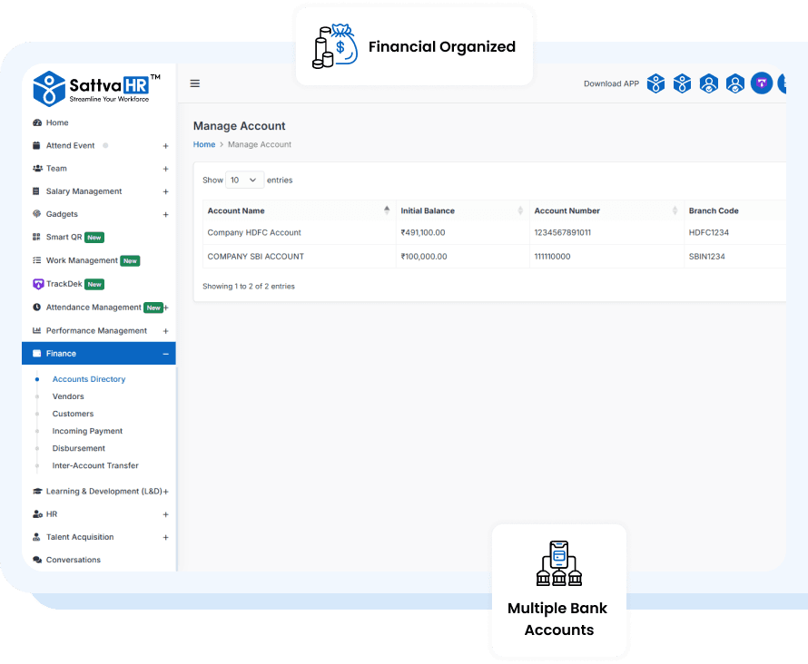 SattvaHR account directory listing company bank accounts