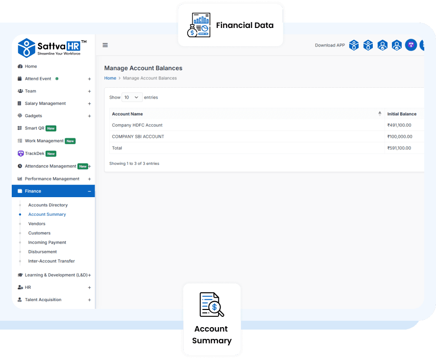 SattvaHR account summary showing total and per-account balances