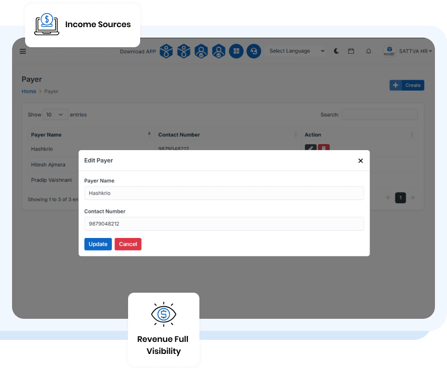 SattvaHR customer records showing payers and transaction history