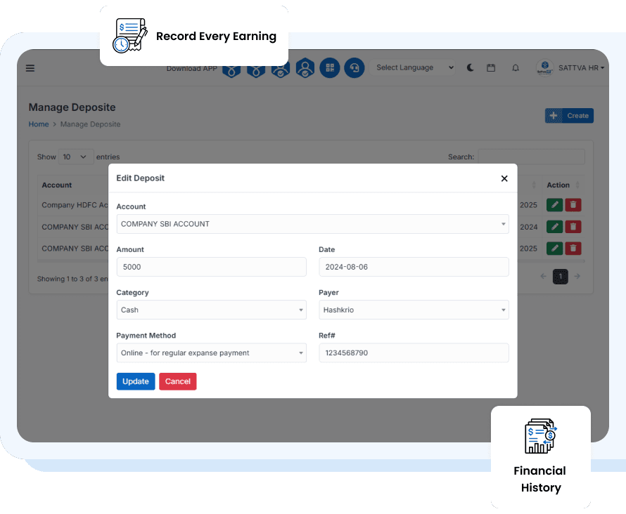 SattvaHR incoming payment entry with amount, category and payer