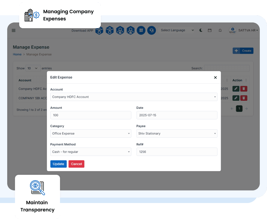 SattvaHR disbursement record logging an outgoing payment