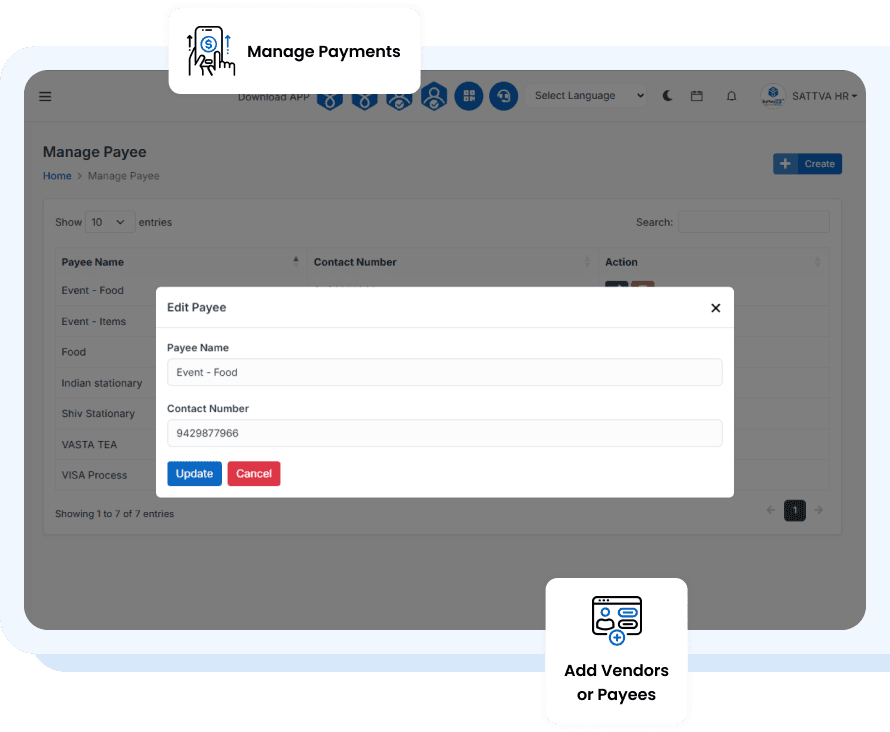 SattvaHR vendor directory with contact and payment details