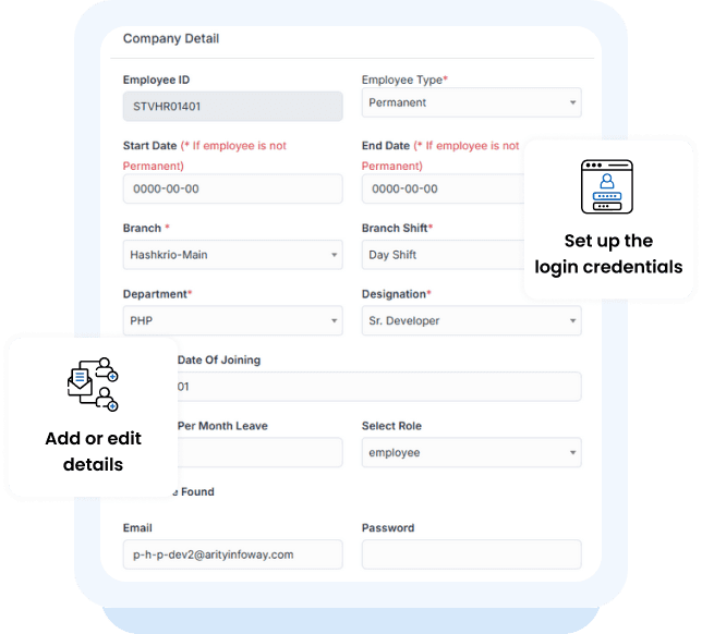 SattvaHR company details screen assigning department, designation and system role