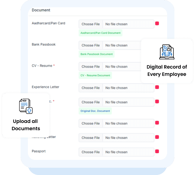 SattvaHR document upload screen holding employee ID and certificates
