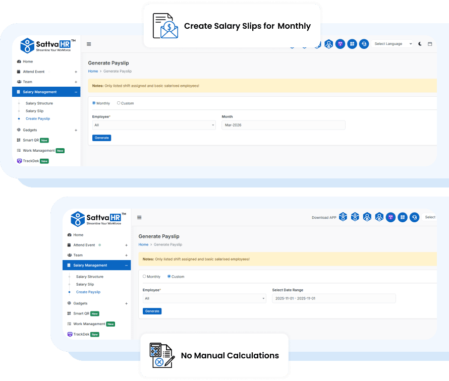 SattvaHR payslip generation for a monthly pay period