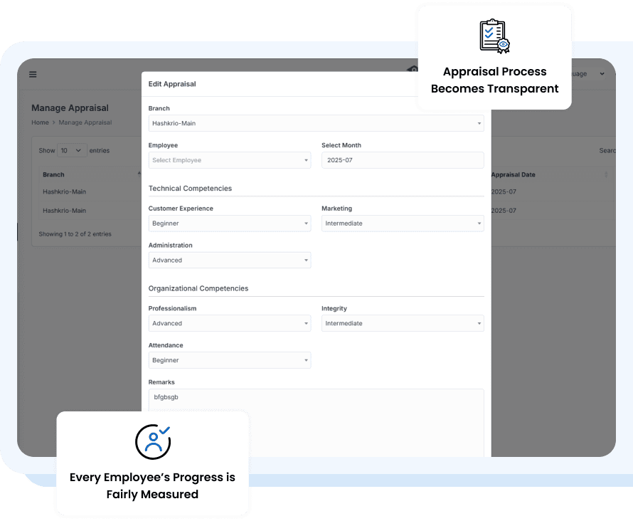 SattvaHR appraisal record with ratings and remarks