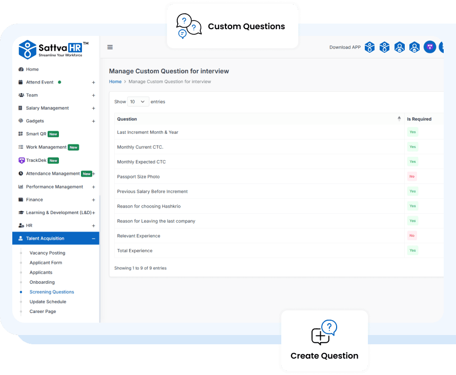 SattvaHR custom question builder for a job application form