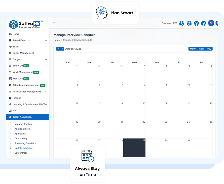 SattvaHR interview calendar showing scheduled slots