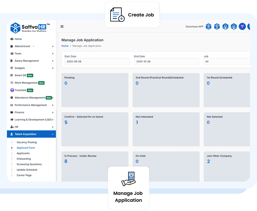 SattvaHR job applications list with candidate statuses