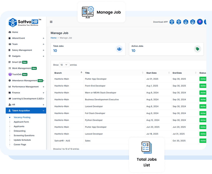 SattvaHR job creation screen with title, category and positions